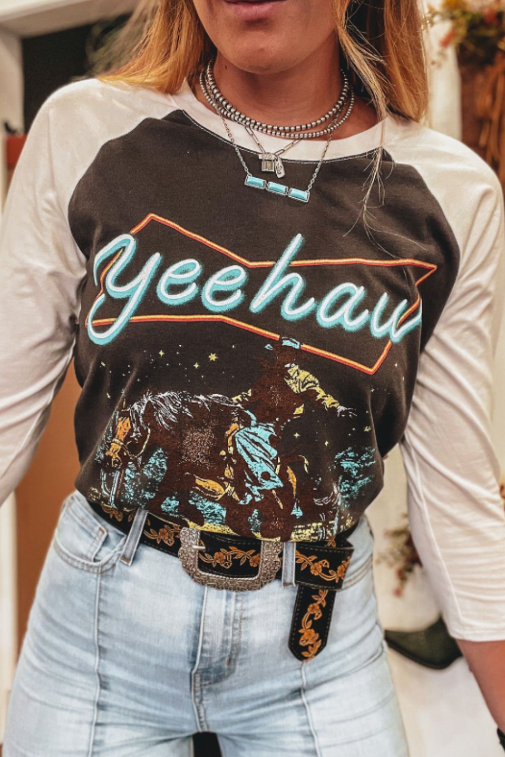 Yee Haw Graphic Contrast Round Neck Raglan Sleeve T-Shirt