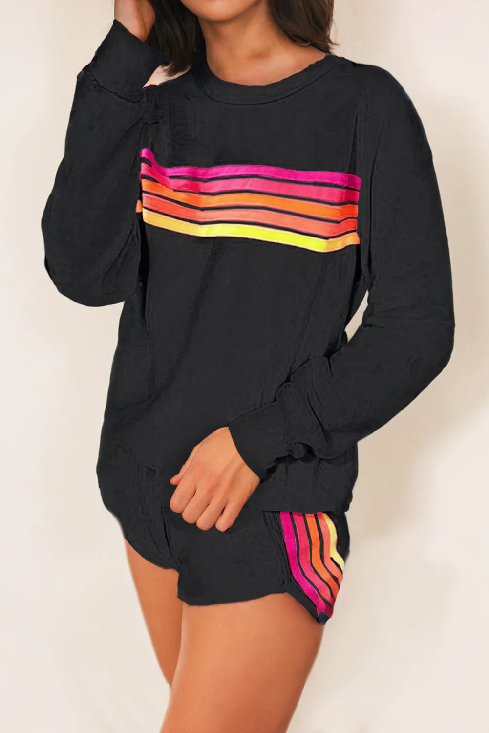 Color Contrast Trim Long Sleeve and Shorts Set