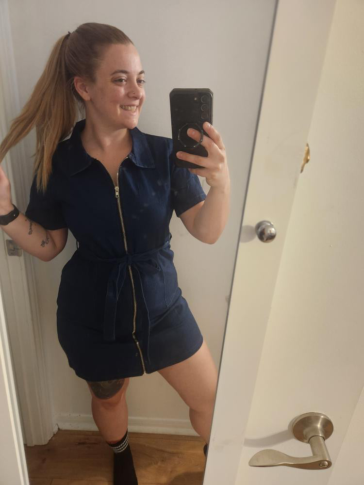 Full Size Zip Front Short Sleeve Denim Dress