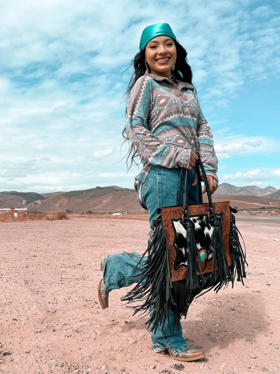 The Nashville Tote (with Fringe) Tooled Cowhide Tote Bag
