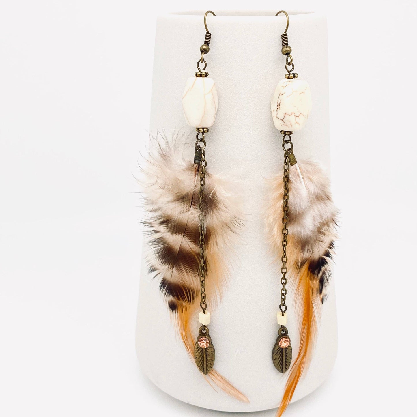 Bohemian Style Metal Leaf Pendant Long Feather Earrings