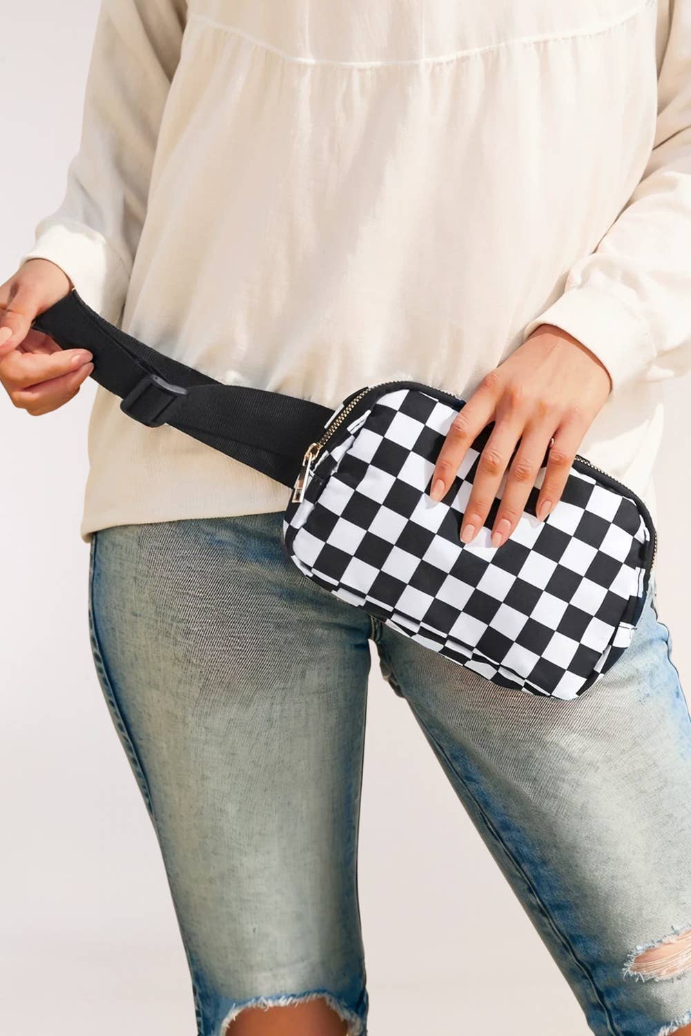 Checkered Print Buckle Wide Belt Crossbody Bag