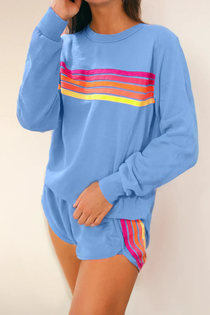 Color Contrast Trim Long Sleeve and Shorts Set