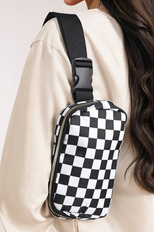 Checkered Print Buckle Wide Belt Crossbody Bag
