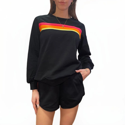 Color Contrast Trim Long Sleeve and Shorts Set