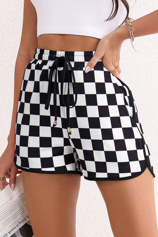 Checkered Drawstring Elastic Waist Casual Shorts