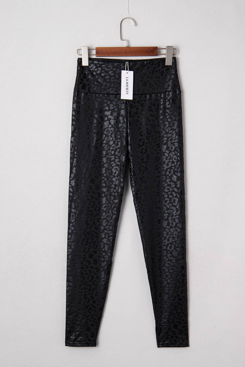 High Quality Black Shiny Leopard Textured Leggings