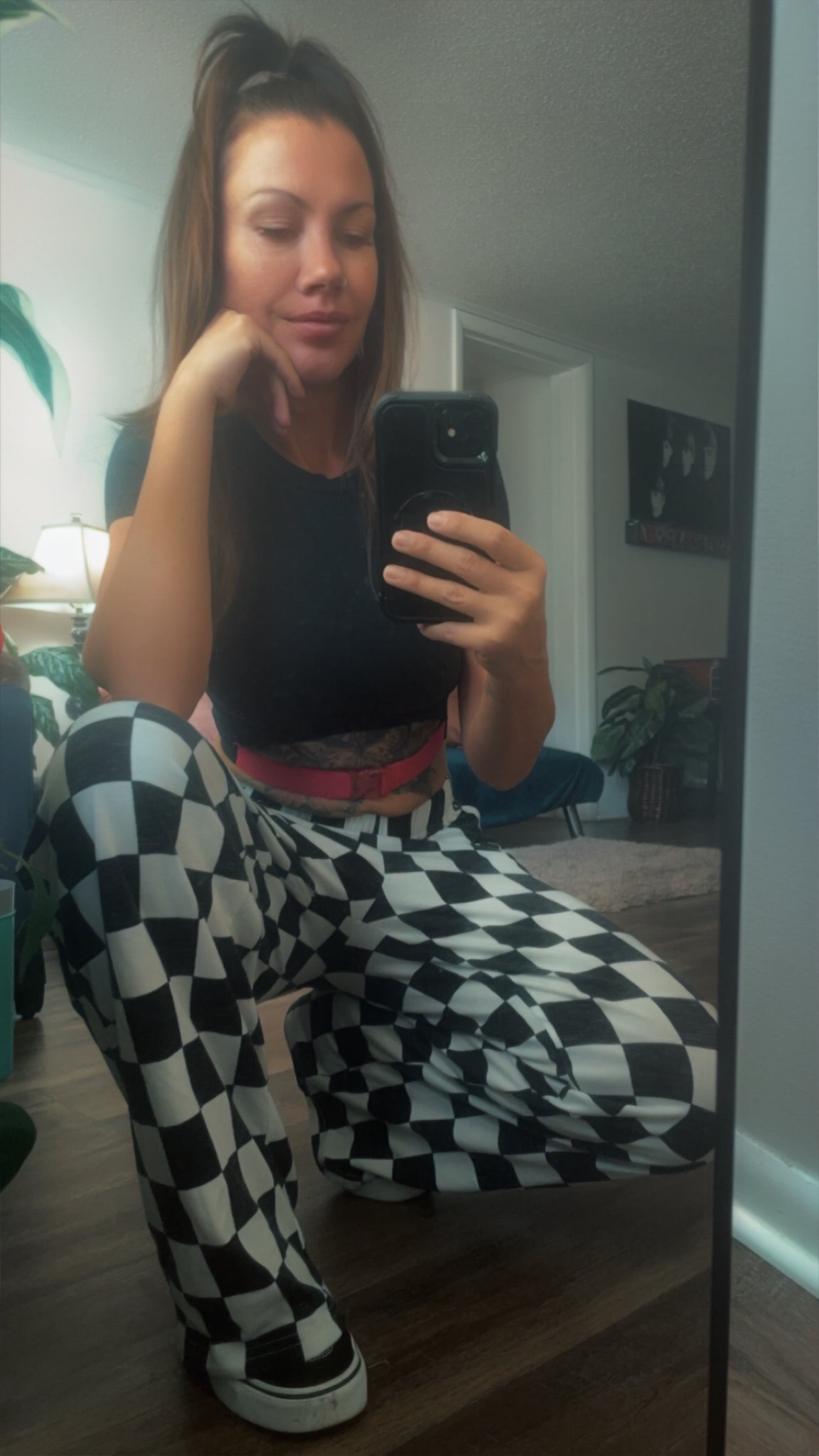 Checkered Print High Waist Wide Leg Pants