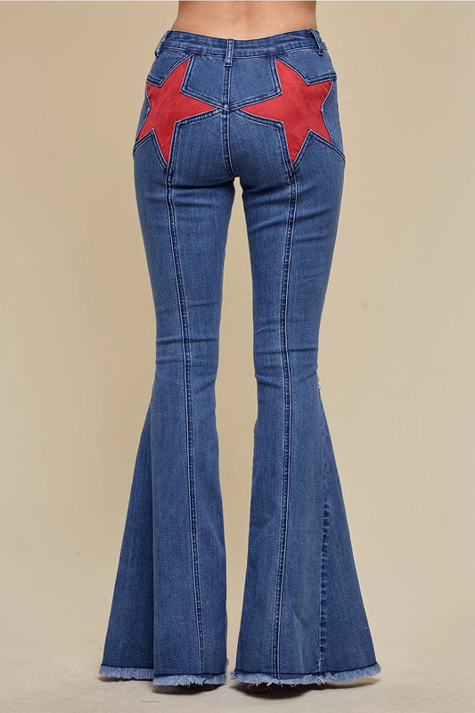 Denim/Red Suede Stars Flare Denim Jeans - Western
