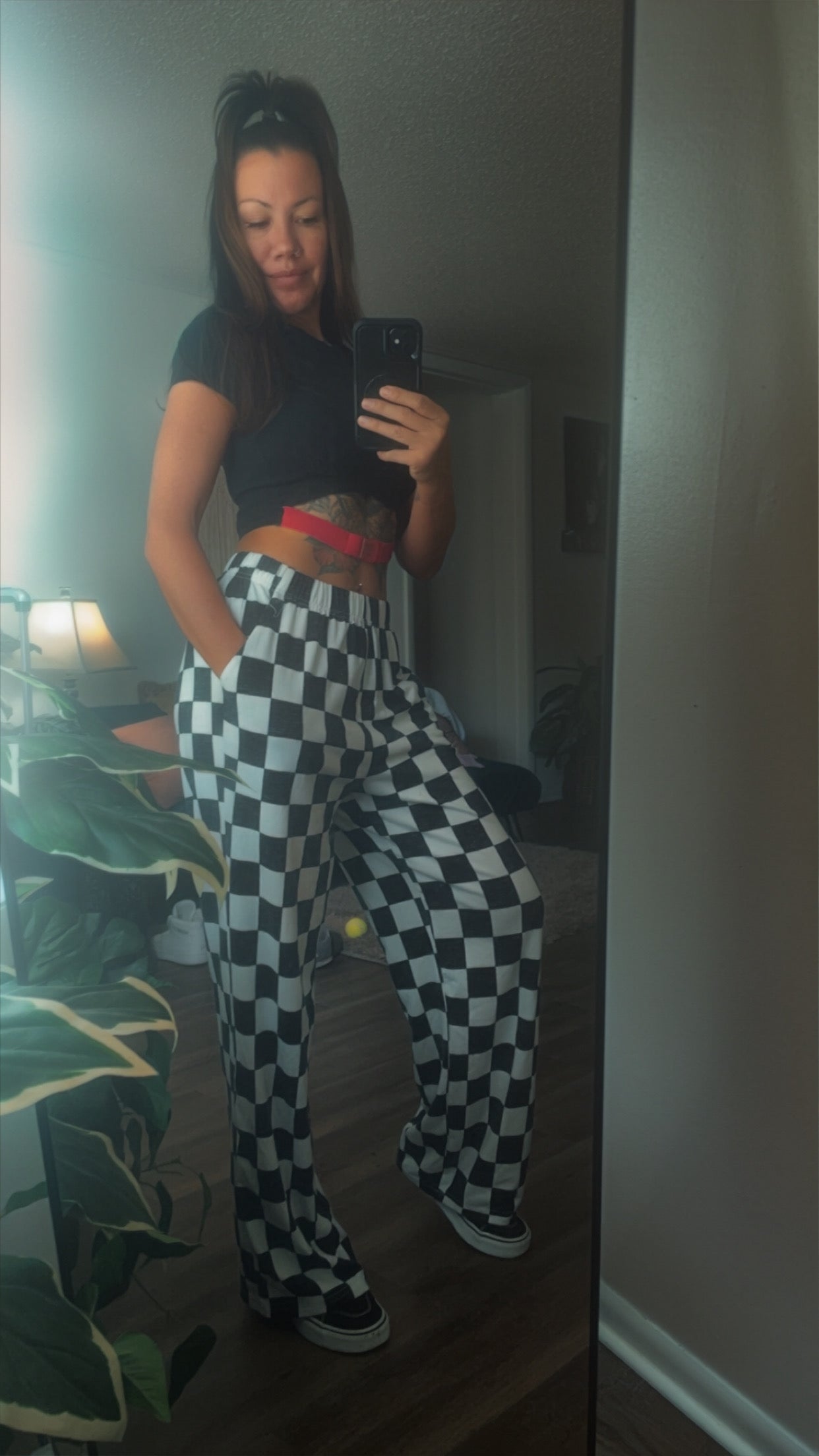 Checkered Print High Waist Wide Leg Pants