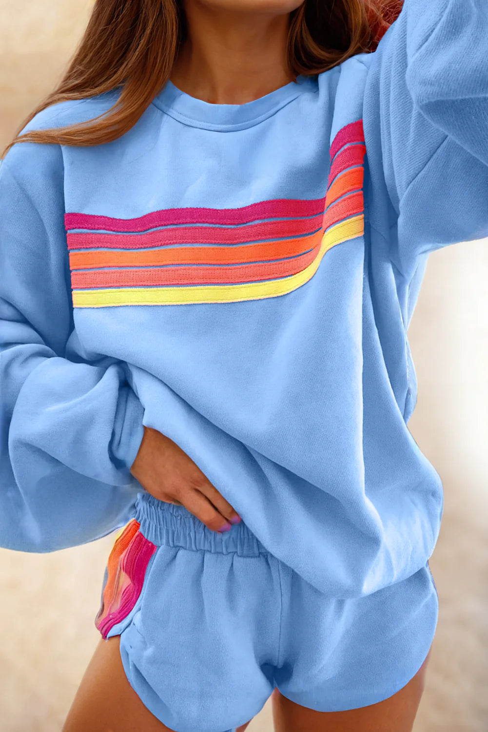 Color Contrast Trim Long Sleeve and Shorts Set
