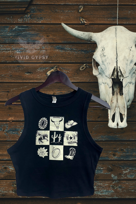 Black Western Checkers Graphic Crop Tank Top
