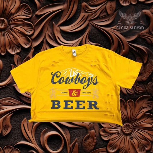 Cowboys & Beer - Distressed Crop Top