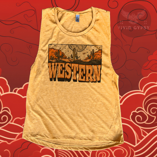 Western Moon Scene Heather Mustard Festival Tank