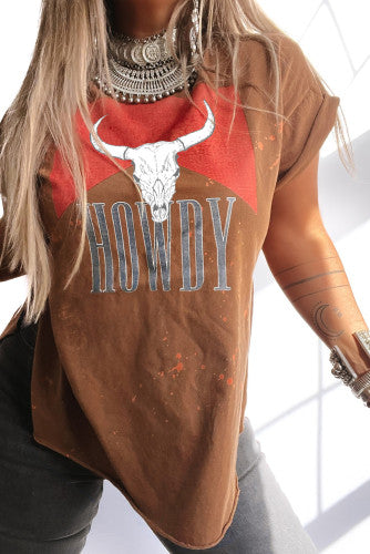 HOWDY Steer Head Print Side Slits Loose Fit T-Shirt