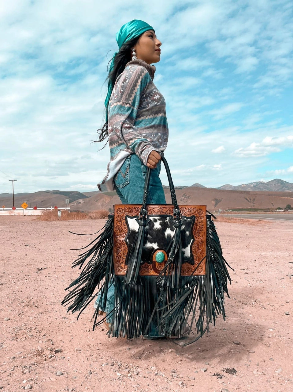 The Nashville Tote (with Fringe) Tooled Cowhide Tote Bag