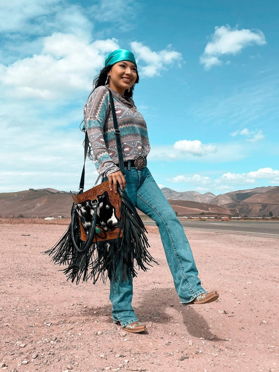 The Nashville Tote (with Fringe) Tooled Cowhide Tote Bag