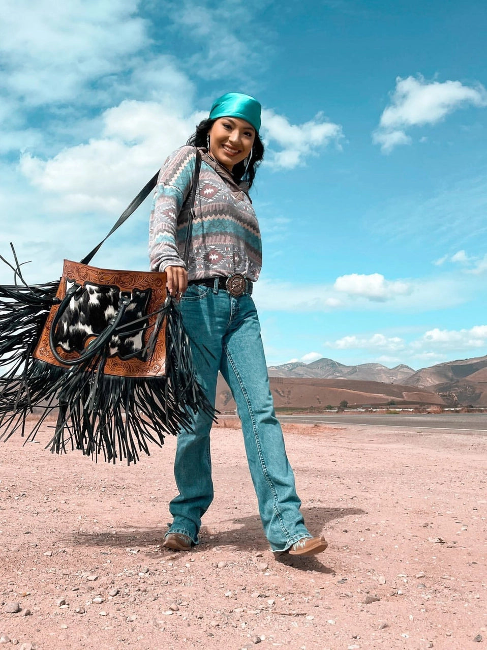 The Nashville Tote (with Fringe) Tooled Cowhide Tote Bag