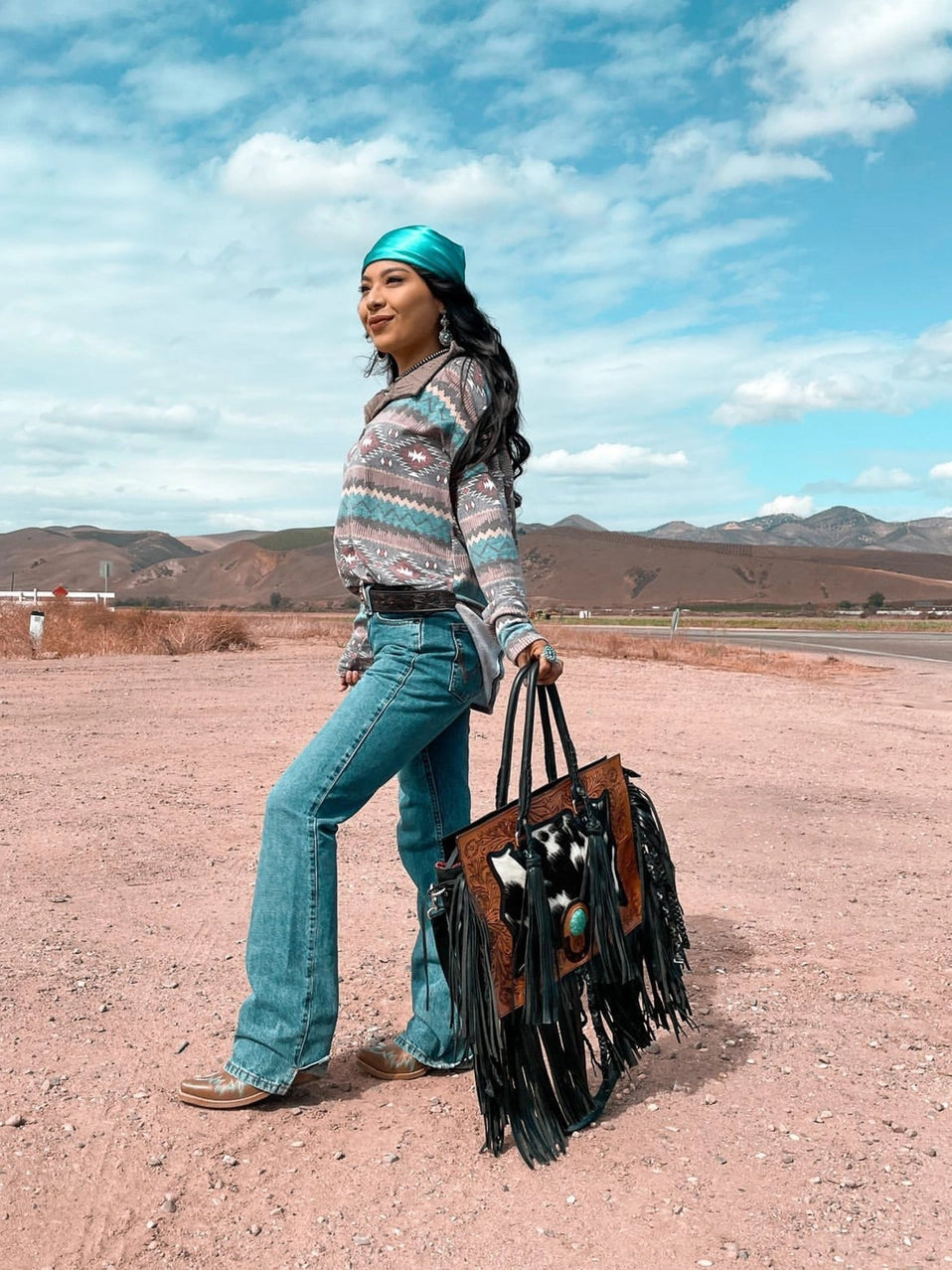 The Nashville Tote (with Fringe) Tooled Cowhide Tote Bag