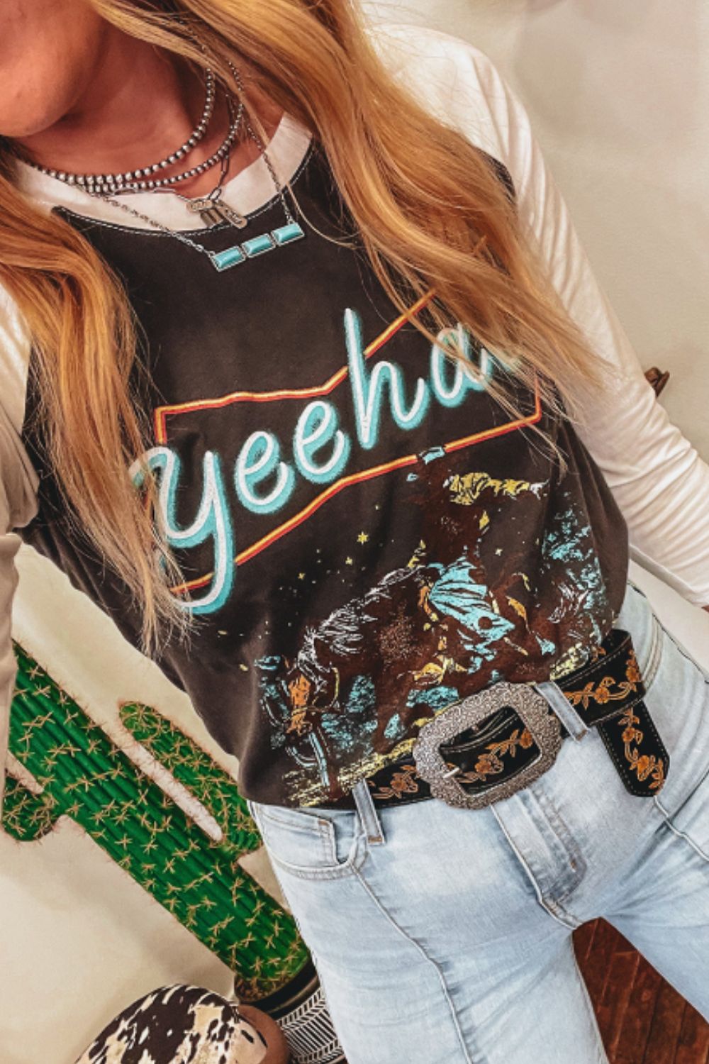 Yee Haw Graphic Contrast Round Neck Raglan Sleeve T-Shirt