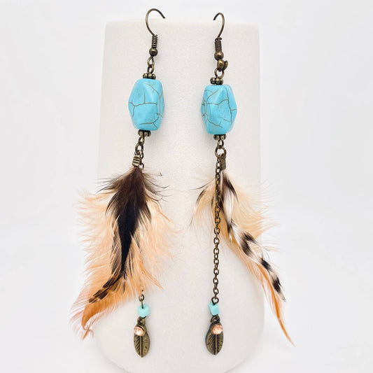 Bohemian Style Metal Leaf Pendant Long Feather Earrings